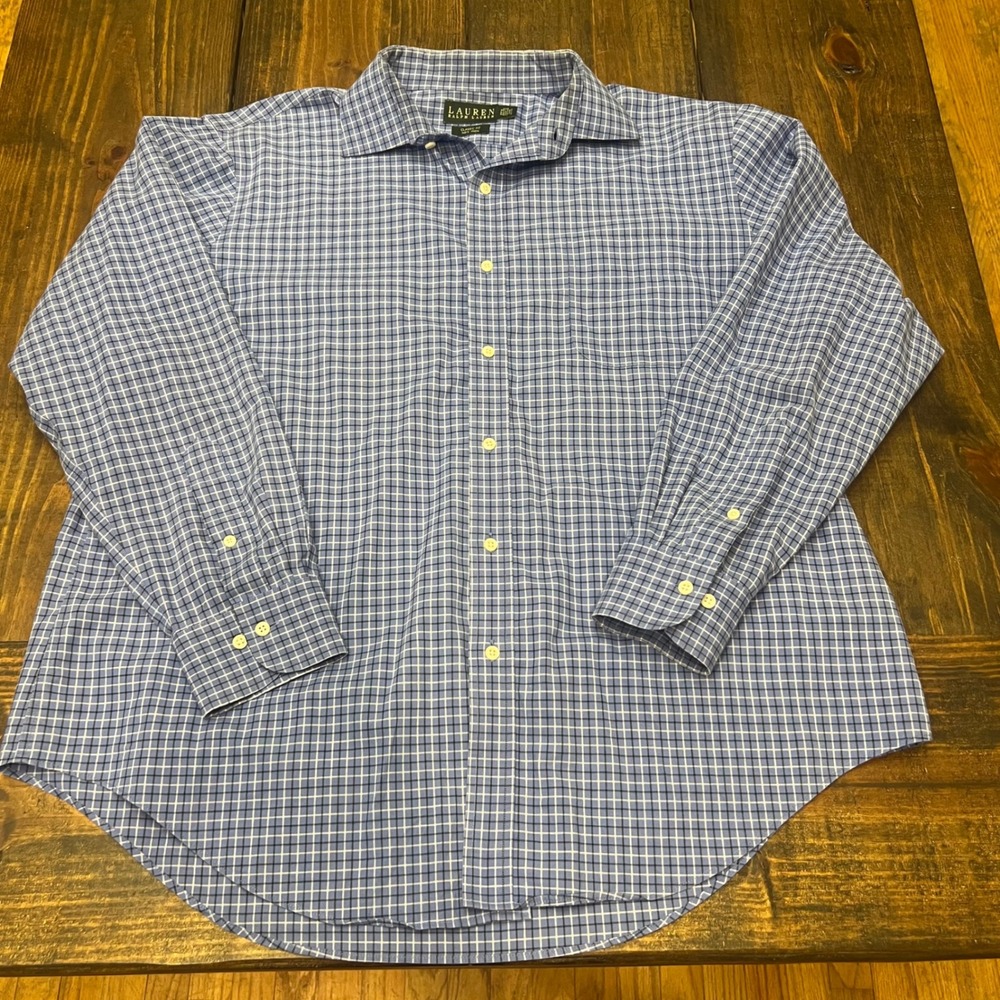Lauren Ralph Lauren Men's Classic Fit Non Iron Blue Check Dress Shirt 17.5 34/35